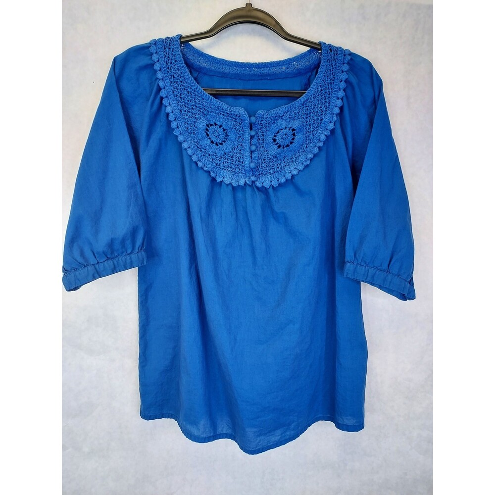 Sears Peasant Blouse Womens M Top Crochet Bib Blue Boho Nature Fairy Cottagecore